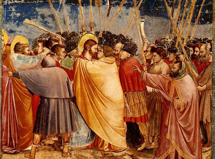 Поцелуй Иуды. 1303-1305 гг. Фреска в Капелле Скровеньи в Падуе. Джотто.