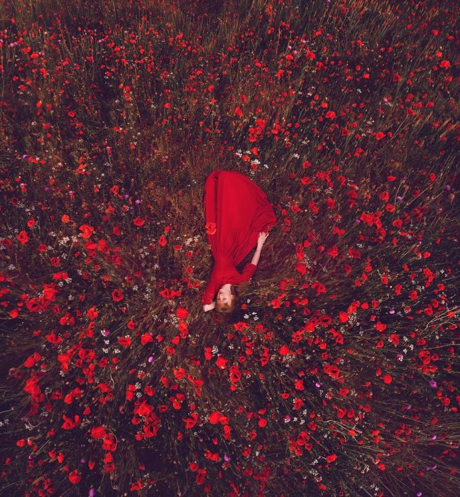 Модель в красном платье посреди огромного поля цветущих маков, Крым.