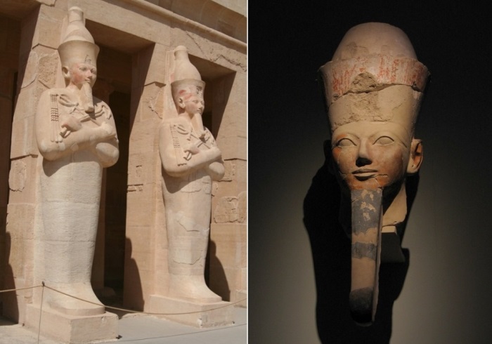 Слева – парные осирические статуи Хатшепсут перед храмом в Дейр эль-Бахри. Справа – осирическая голова Хатшепсут из храма в Дейр-эль-Бахри. Метрополитен-музей, Нью-Йорк | Фото: maxpark.com