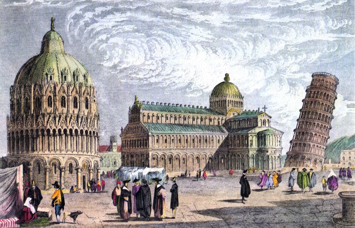 Пизанская башня на Площади чудес. Рисунок 1830 года. | Фото: rundetaarn.1642.dk.