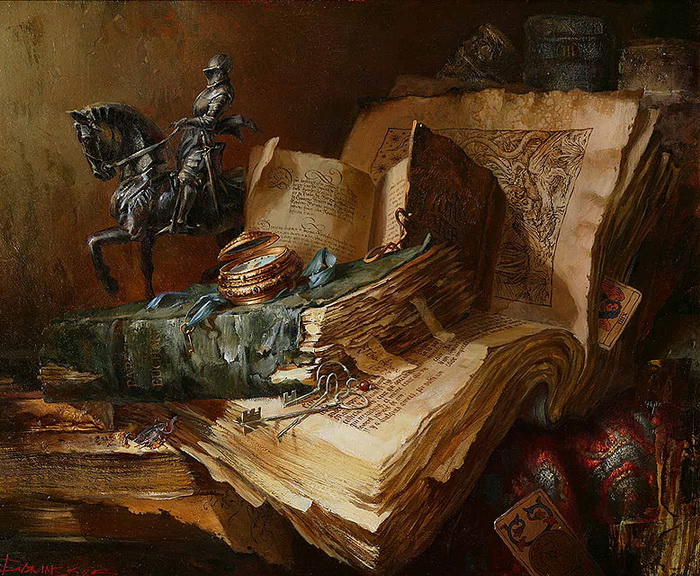  Старинные книги и статуэтка рыцаря. Автор: Иван Славинский