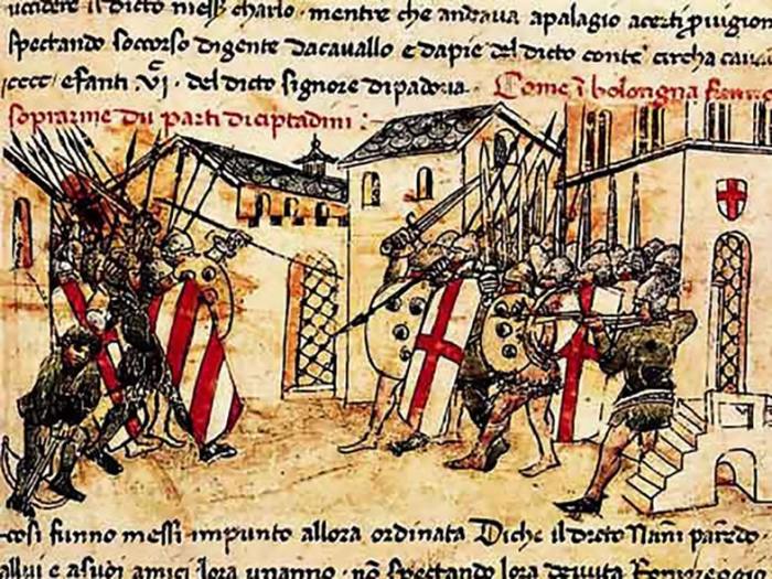 Конфликт XIV века между ополченцами группировок Гвельфа и Гибеллина в коммуне Болоньи. Джованни Серкамби из Лукки.