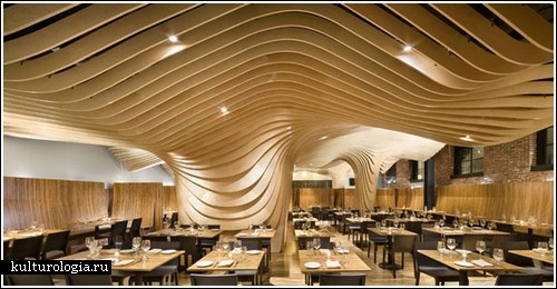 Деревянно-волнистый интерьер для ресторана в Бостоне