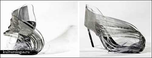 Женская обувь из стекла, дерева и бумаги