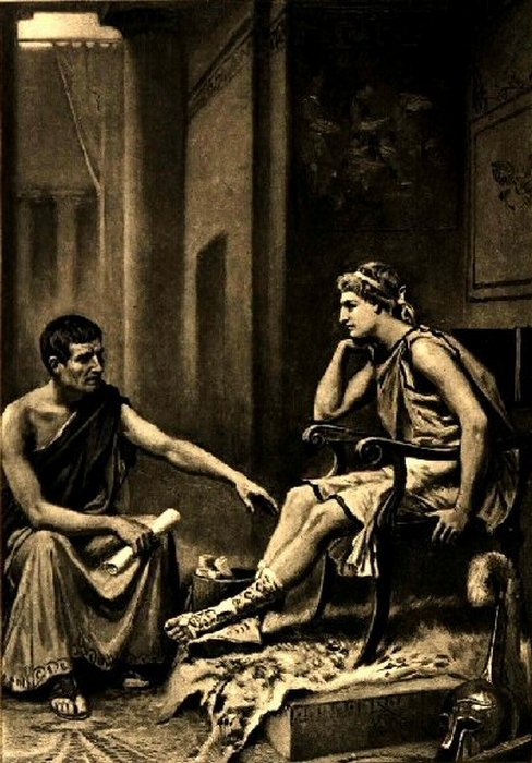 Аристотель, философ из македонского города Стагир, обучает молодого Александра в королевском дворце Пелла.