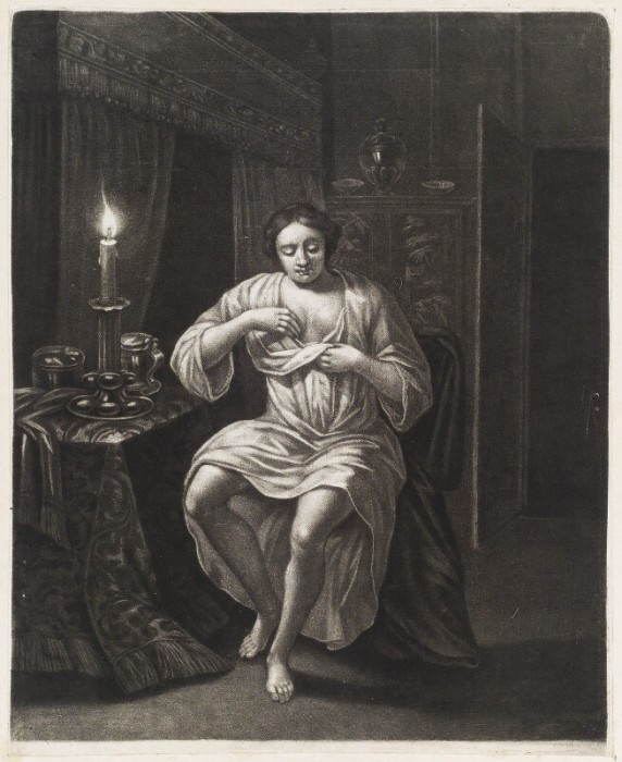 Женщина, ищущая блох при свечах.  Роберт Робинсон. Около 1683-1688 