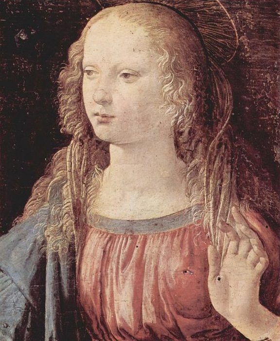 Часть картины «Благовещение» Леонардо да Винчи с изображением белокурой Девы Марии (примерно 1472-1475)