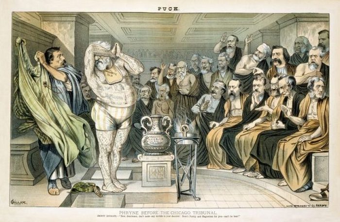 Иллюстрация 1884 года в журнале Puck высмеивает Джеймса Блейна как татуированного с ноги до головы множеством несмываемых скандалов. Образ основан на картине Жан-Леона Жерома «Фрина перед Ареопагом» 