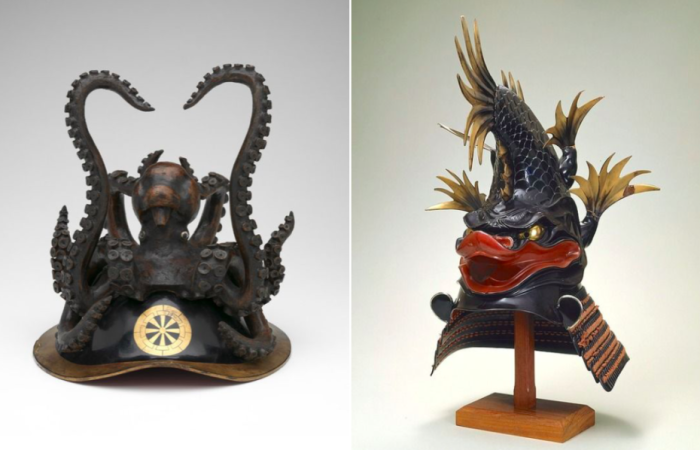 Слева - церемониальный шлем, украшенный осьминогом и колесницей, XIX век. Справа - церемониальный шлем в виде рыбы.