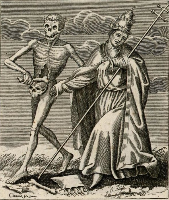 Француз Жак-Антуан Човин сделал серию гравюр, где смерть изображена как человек, но с черепом вместо лица. 