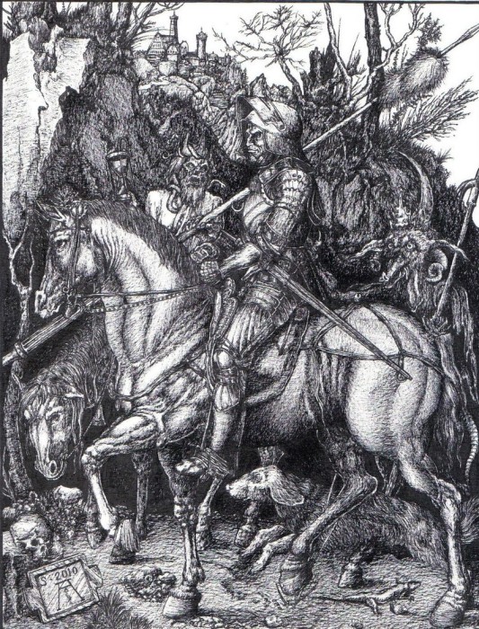 В «Рыцаре, смерти и дьяволе» немецкий художник Альбрехт Дюрер представлял мрачного «жнеца душ» как полуразложившегося короля со змеями на голове.