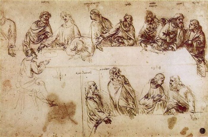 Исследование «Тайной вечери» из тетрадей Леонардо, где у девяти апостолов над головами написаны имена.