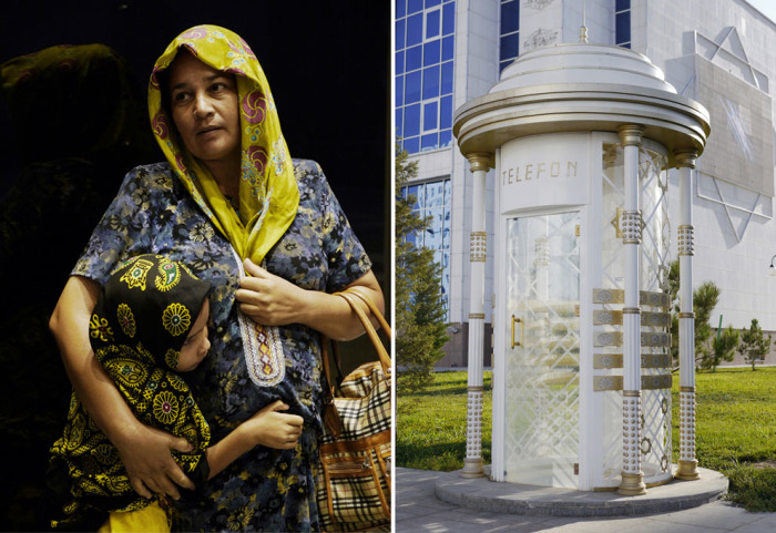 Туркменская женщина с ребёнком. & Телефонная будка, покрытая белым мрамором.