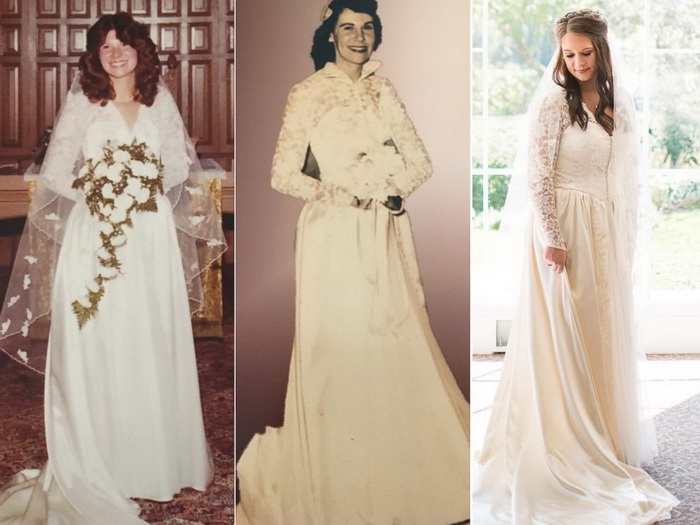 Три поколения женщин в одном и том же свадебном платье.