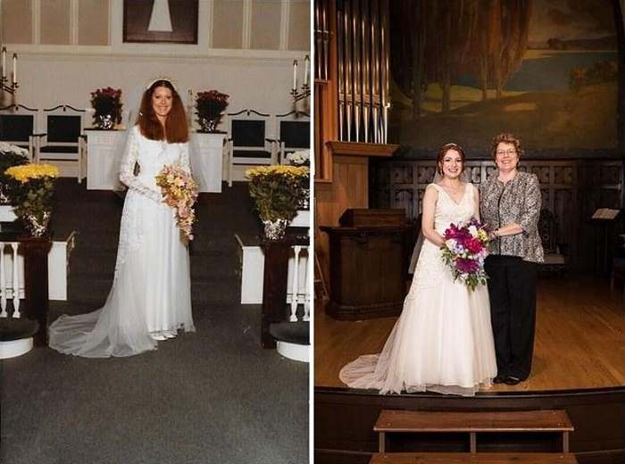 Мама и дочь в одном и том же свадебном платье.