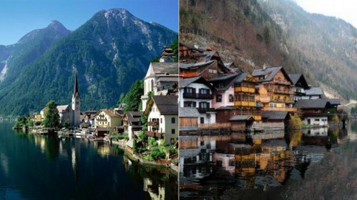 Справа австрийская деревня Гальштат, слева - китайская копия