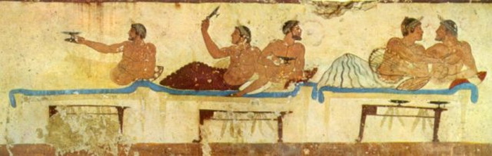 Игра в коттаб на симпосии. Фреска из «Гробницы ныряльщика» в итальянском Пестуме (около 470 г. до н. э)