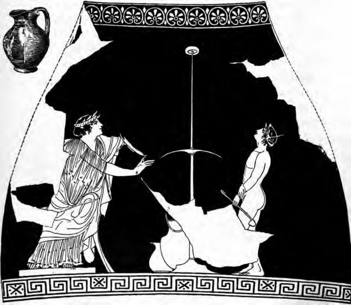 Игра в коттаб с шестом. Рисунок на ойнохойе, 440 год до н. э.