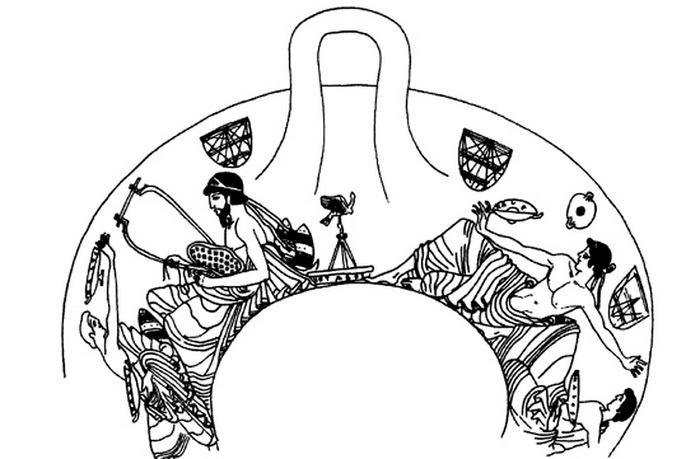 Коттаб, в котором мишенью служит бронзовая птицеподобная фигурка. Рисунок на чаше, около 490 года до н.э.