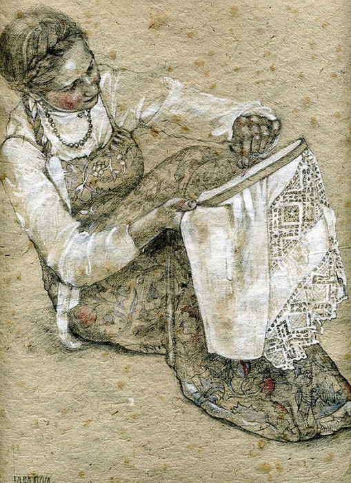 'Вышивальщица', акварель Марии Курбатовой