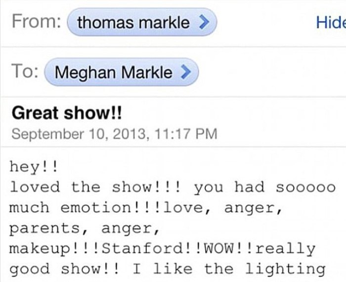 Скриншот сообщения от отца, в котором он говорит, что гордится шоу Меган.