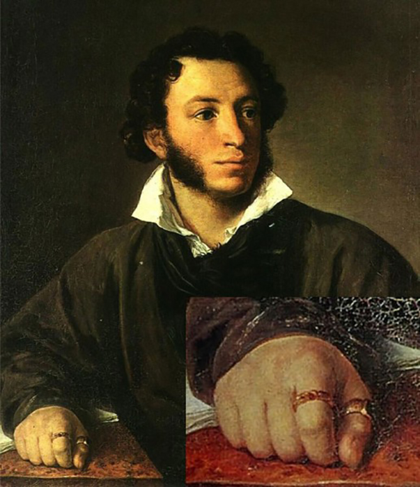 В.А.Тропинин, портрет А.C.Пушкина, 1827 год. На безымянном пальце - витое кольцо с сердоликом, на большом - кольцо с изумрудом