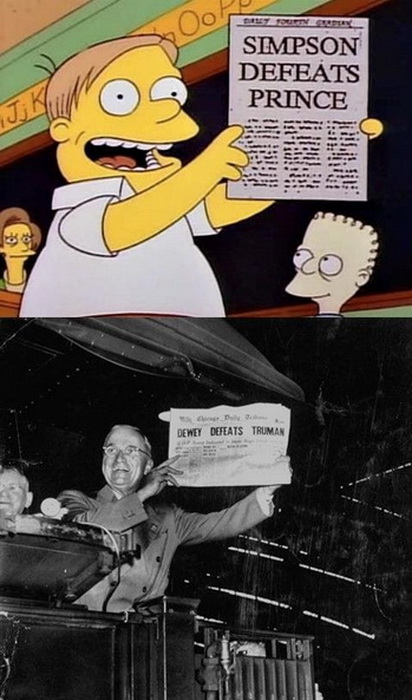 Газета Chicago Tribune с новостью о том, что Дьюи победил Трумэна, а Симпсон - принца