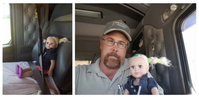 Дальнобойщик стал на день нянькой для куклы дочери.