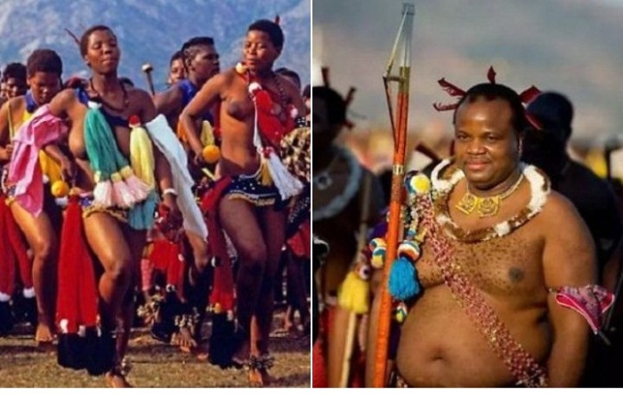 Девушки на параде девственниц и король Свазиленда Мсвати III.