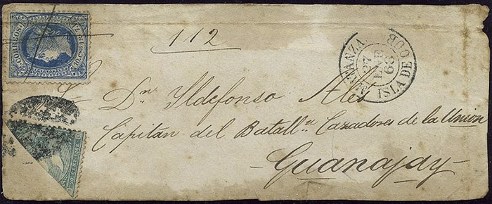 Марка, разрезанная пополам, и целая марка на конверте, отправленном на Кубе. 1868 год.