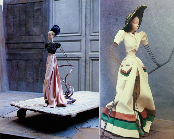 Миниатюрные куклы в нарядах от именитых французских дизайнеров.