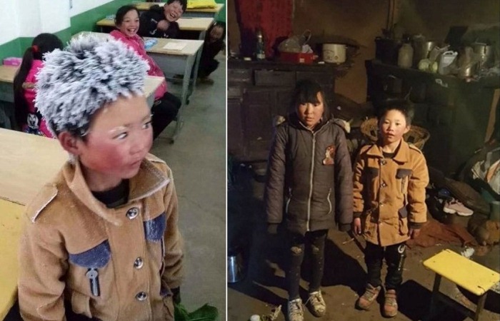 Замерзший школьник из Китая: мальчик пришел в школу, чтобы сдать экзамен, преодолев пять километров по холоду.