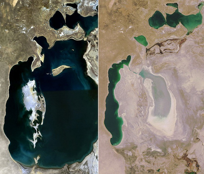 Вид Аральского моря: 1989 г. и 2008 г.