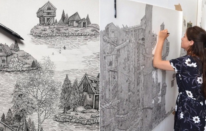 Оливия Кемп - современная художница, которая рисует чернильной ручкой детализированные пейзажи.