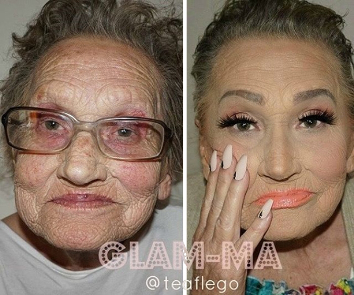 До и после: 80-летняя женщина с гламурным макияжем