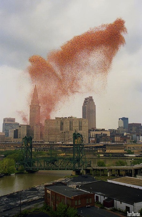 Огромное коричнево-красное облако над городом со стороны выглядит скорее зловеще, чем празднично