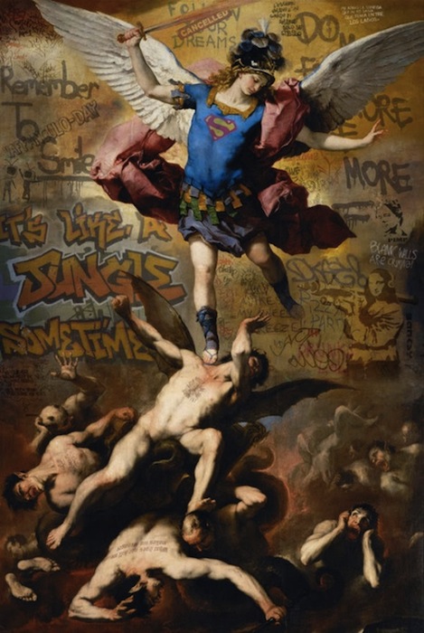 Архангел Михаил сражается с падшим ангелом в костюме супермена.