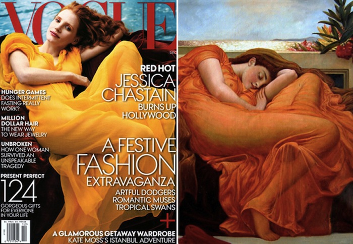 Фотосессия Анни Лейбовиц для журнала Vogue. Слева: обложка декабрьского номера. Справа: картина «Пылающий июнь» Фредерика Лейтона 
