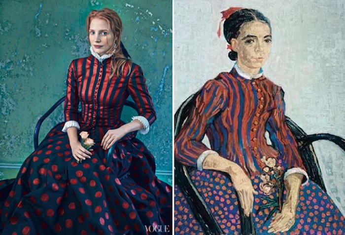 Слева: Джессика Честейн, платье Alexander McQueen. Справа: «Японочка» («La Mousme», 1888) Винсента Ван Гога