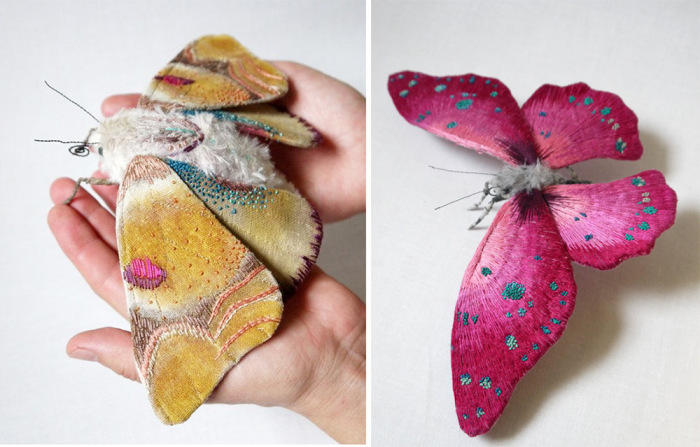 Декоративные скульптуры из ткани в виде красочных бабочек и мотыльков.