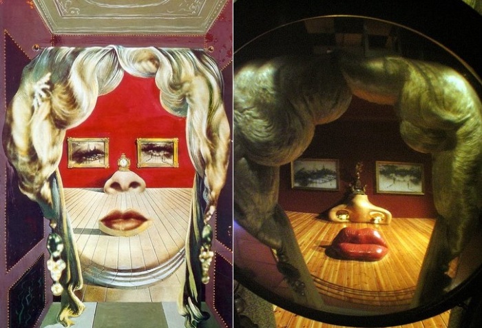 Картина «Лицо Мэй Уэст, использованное в качестве сюрреалистической комнаты» и комната-иллюзия.