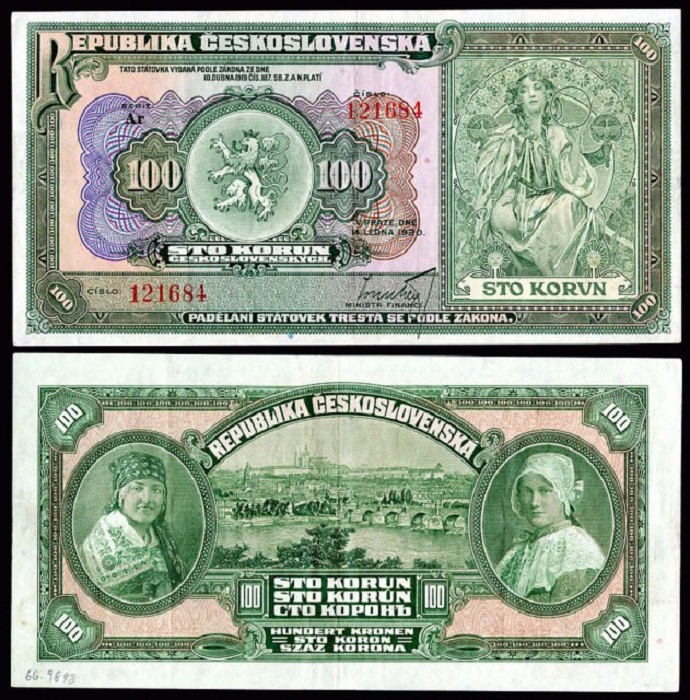 Дизайн денежной купюры номиналом в 100 крон от Альфонса Мухи, 1920 год. | Фото: thevintagenews.com.
