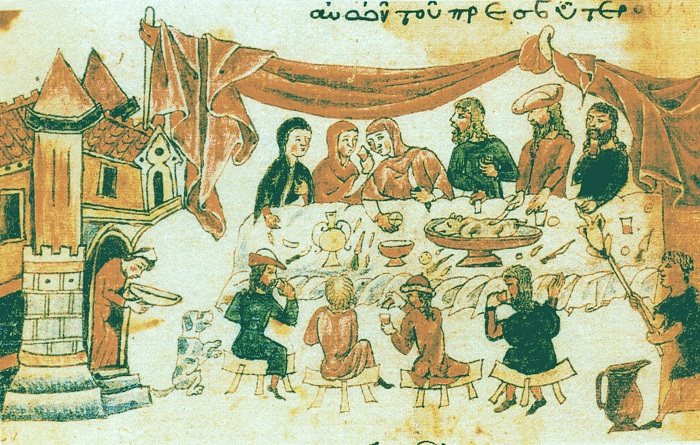 Пир в доме Иова, византийская миниатюра XIV века. | Фото: upload.wikimedia.org.