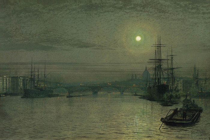 Лондонский мост ночью. Д. Э. Гримшоу, 1884 год. | Фото: fiveminutehistory.com.
