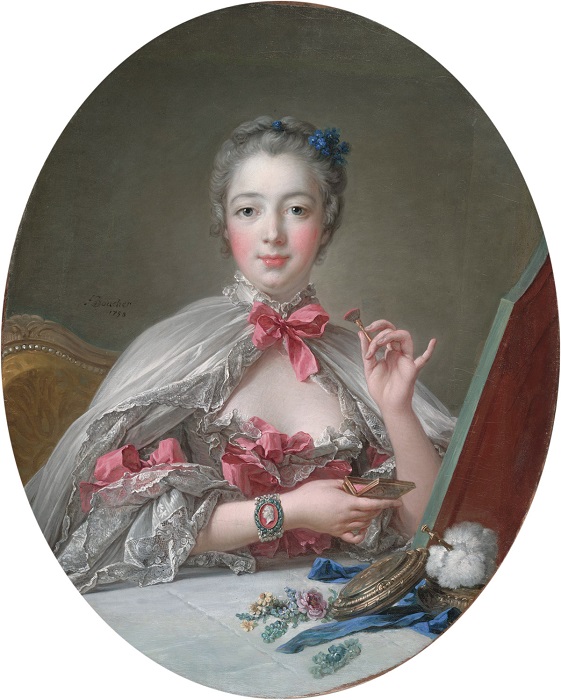 Мадам де Помпадур наносит румяна перед зеркалом. Ф. Буше, 1758 год. | Фото: fiveminutehistory.com.