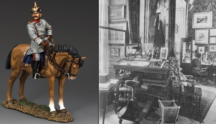 Слева: Фигурка Вильгельма II, справа: рабочий кабинет кайзера с седлом вместо стула.