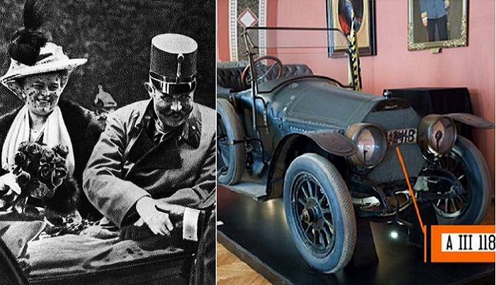 Австрийский эрцгерцог Франц Фердинанд и автомобиль, в котором он находился в трагический день.