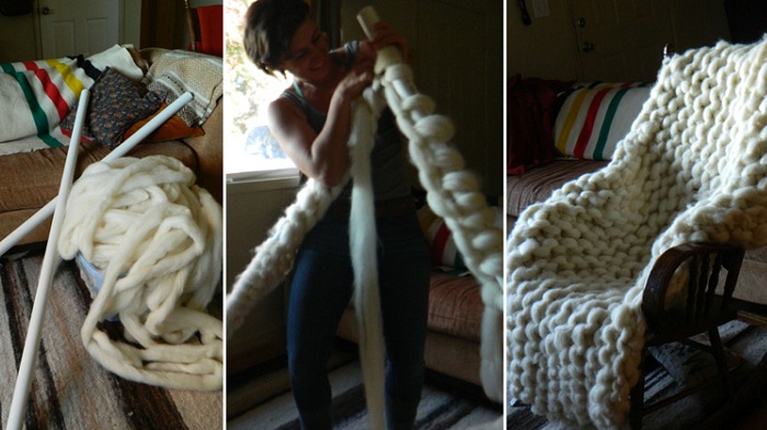 Процесс создания одеяла из толстых ниток.