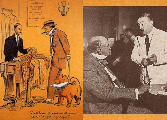 Слева: Карикатура французского журнала на выбор галстука Берри Уолла для его собаки. Справа: Снимок богача в отеле Ritz. Специально для него был создан коктейль «Берри». | Фото: newyorksocialdiary.com.