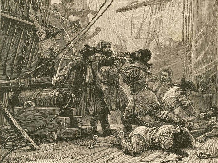 Пираты захватывают американское судно. Иллюстрация из книги Cassell's Illustrated History of England.